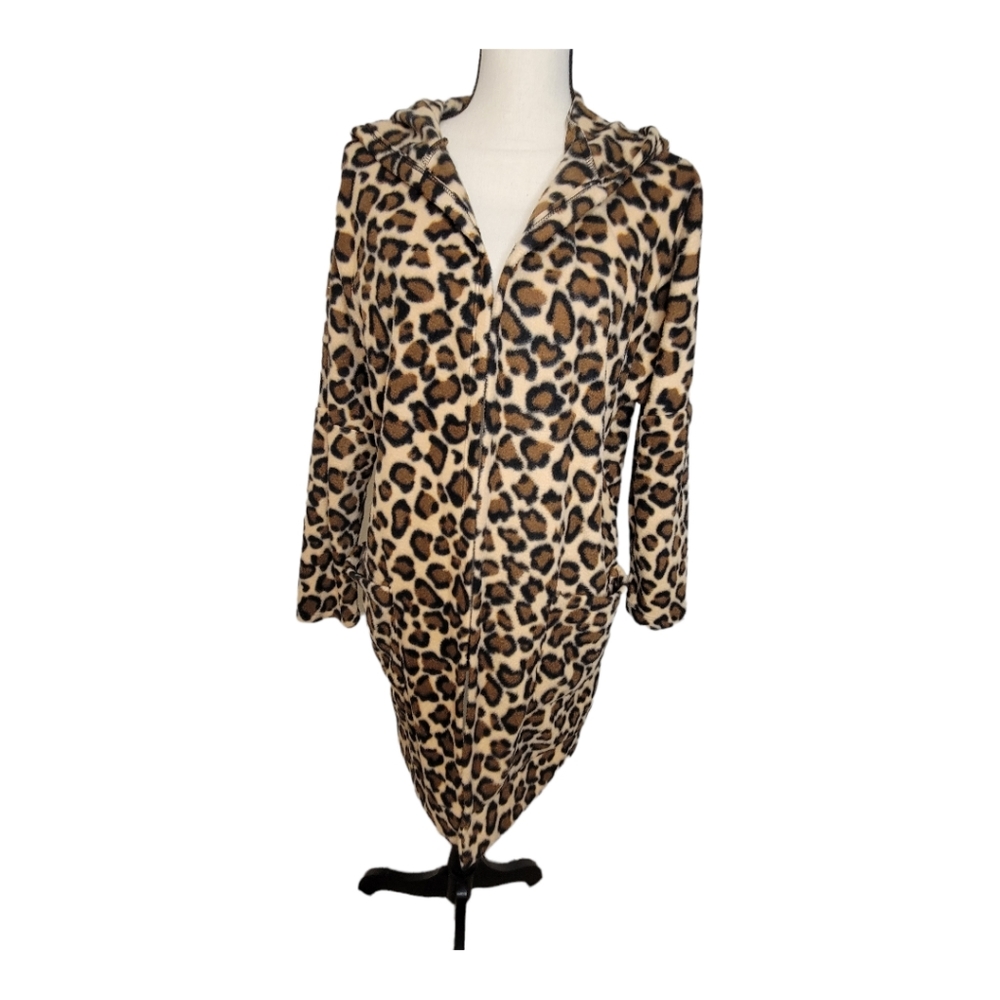 EUC Leopard Fuzzy Hooded Coat with Pockets.